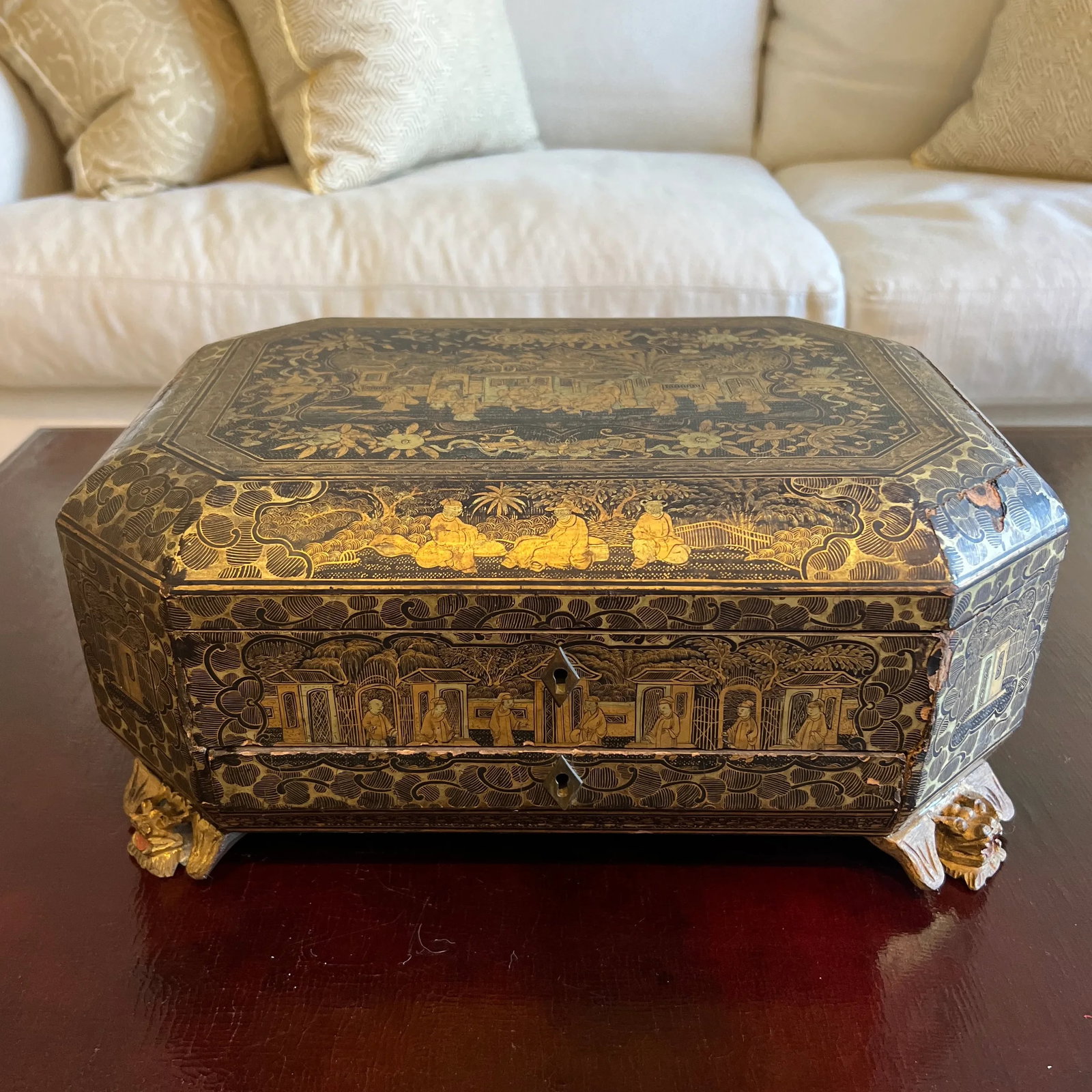 Antique 19th Century Chinese Export Black Lacquered Work Box - 2