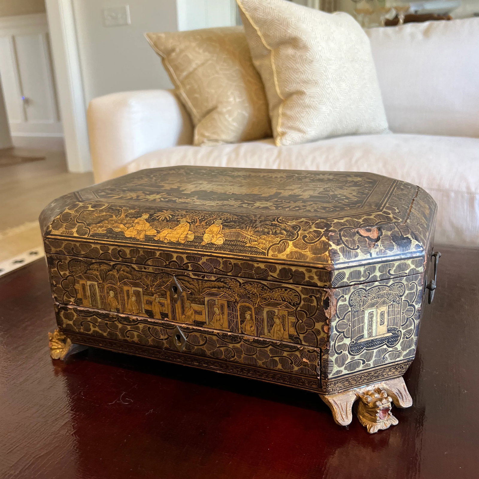 Antique 19th Century Chinese Export Black Lacquered Work Box - 3