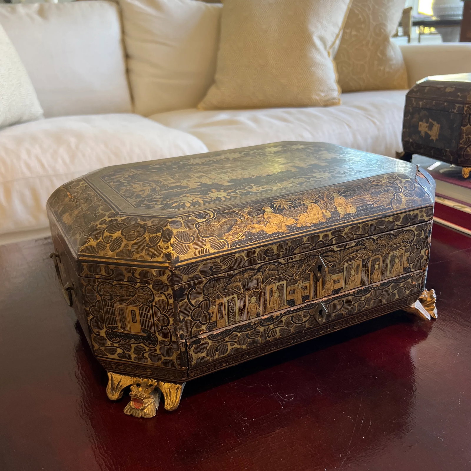 Antique 19th Century Chinese Export Black Lacquered Work Box - 4