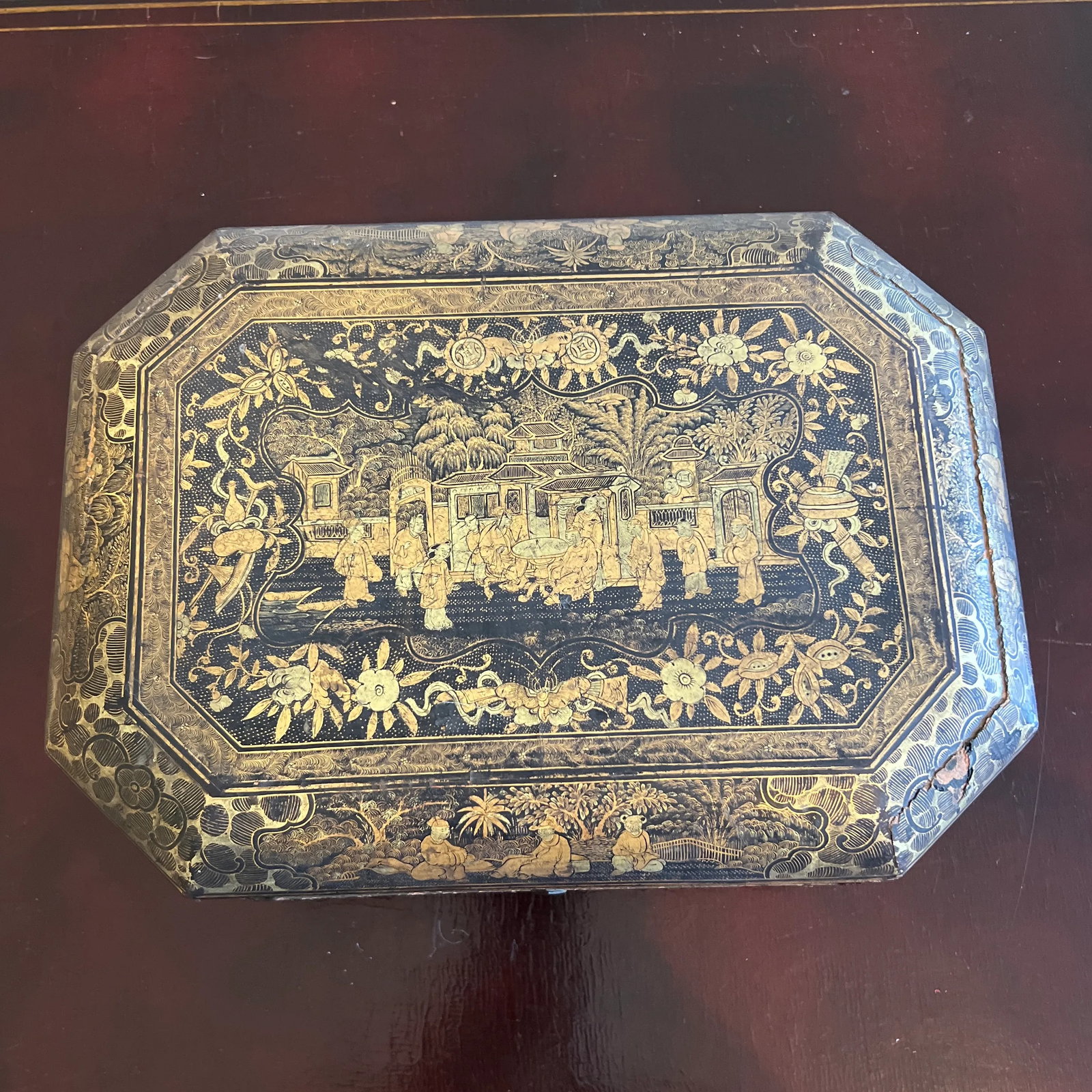 Antique 19th Century Chinese Export Black Lacquered Work Box - 5