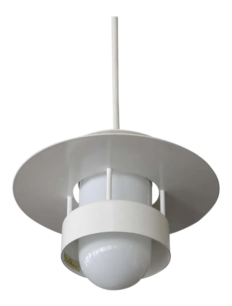 1990s Louis Poulsen White Steel Pendant: White pendant by Louis Poulsen for the Poulsen Lighting Company. The pendant has been rewired and can accommodate an LED, incandescent or compact fluorescent bulb. The number on label says looks