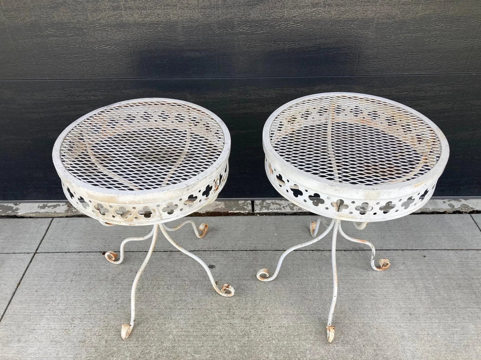 Mid 20th Century White Round Top Side Tables With Stamped Metal Apron - Set of 2 - 2