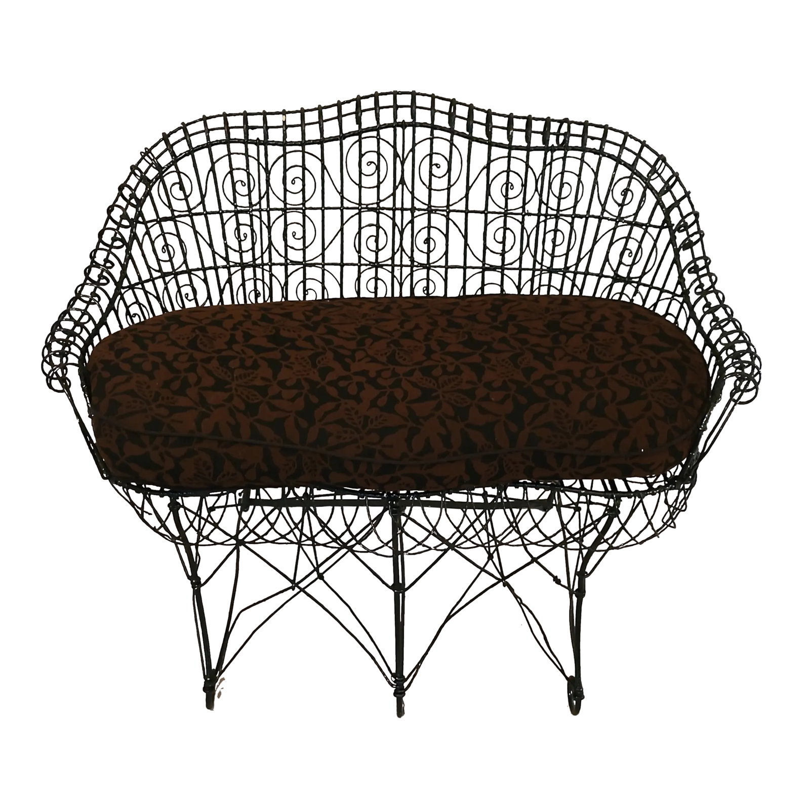 Early 20th Century Antique English Wire Garden Settee: This is a traditional, English countryside, wire, outdoor settee with custom re-upholster cushion. It can be used indoor or outdoor.. The painted wire is in great shape and the cushion is very
