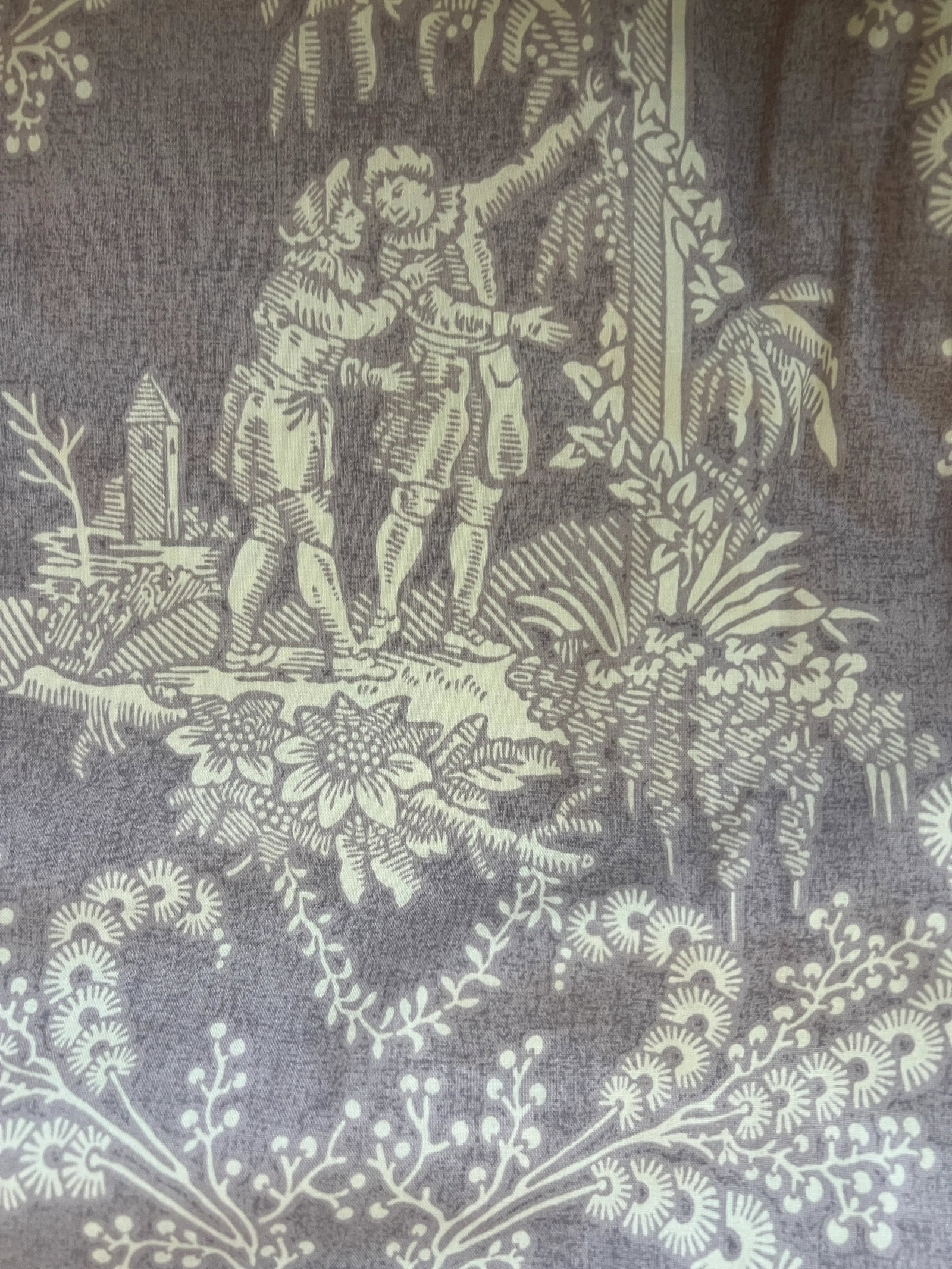 6 Yards of Pierre Frey Lavender Toile Fabric: Nice weight cotton Lavender and cream French Toile.6.20 yards Perfect for a small chair to be upholstered or curtains Condition: Imperfections: No Imperfections Condition Notes: Excellent condition