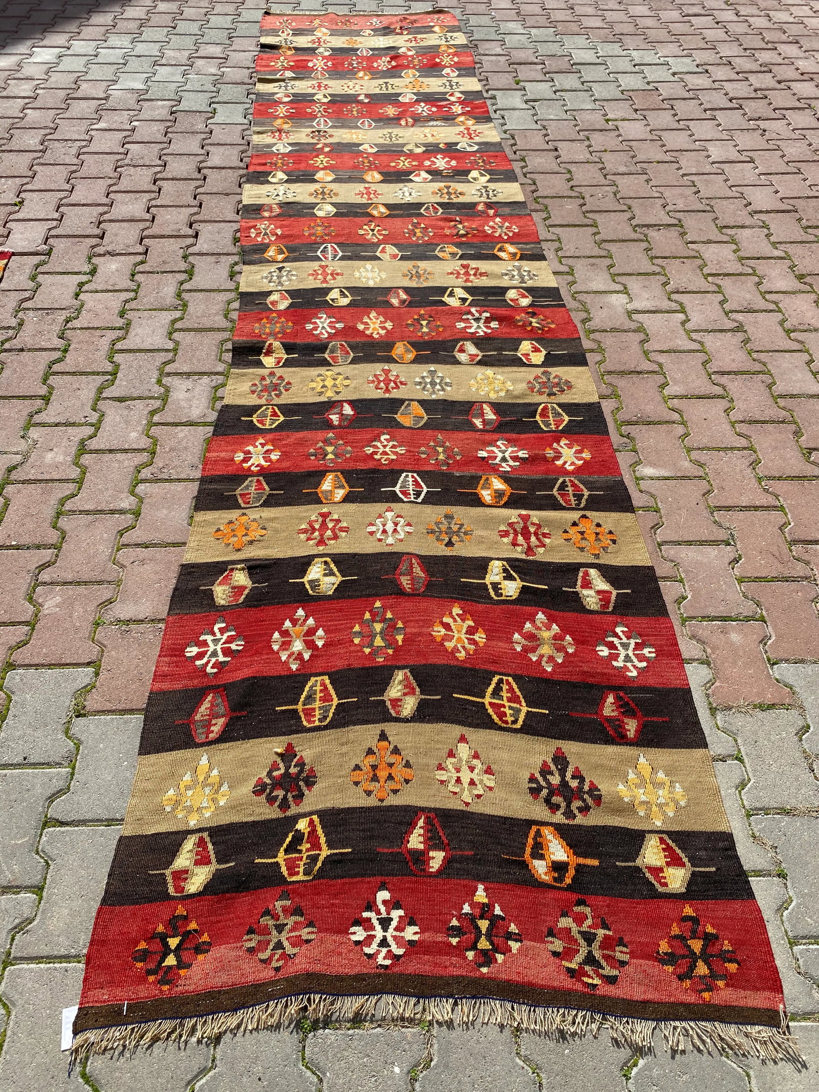 1970s Cabin Style Turkish Stripe Desing Oushak Kilim Long Runner Rug - 13