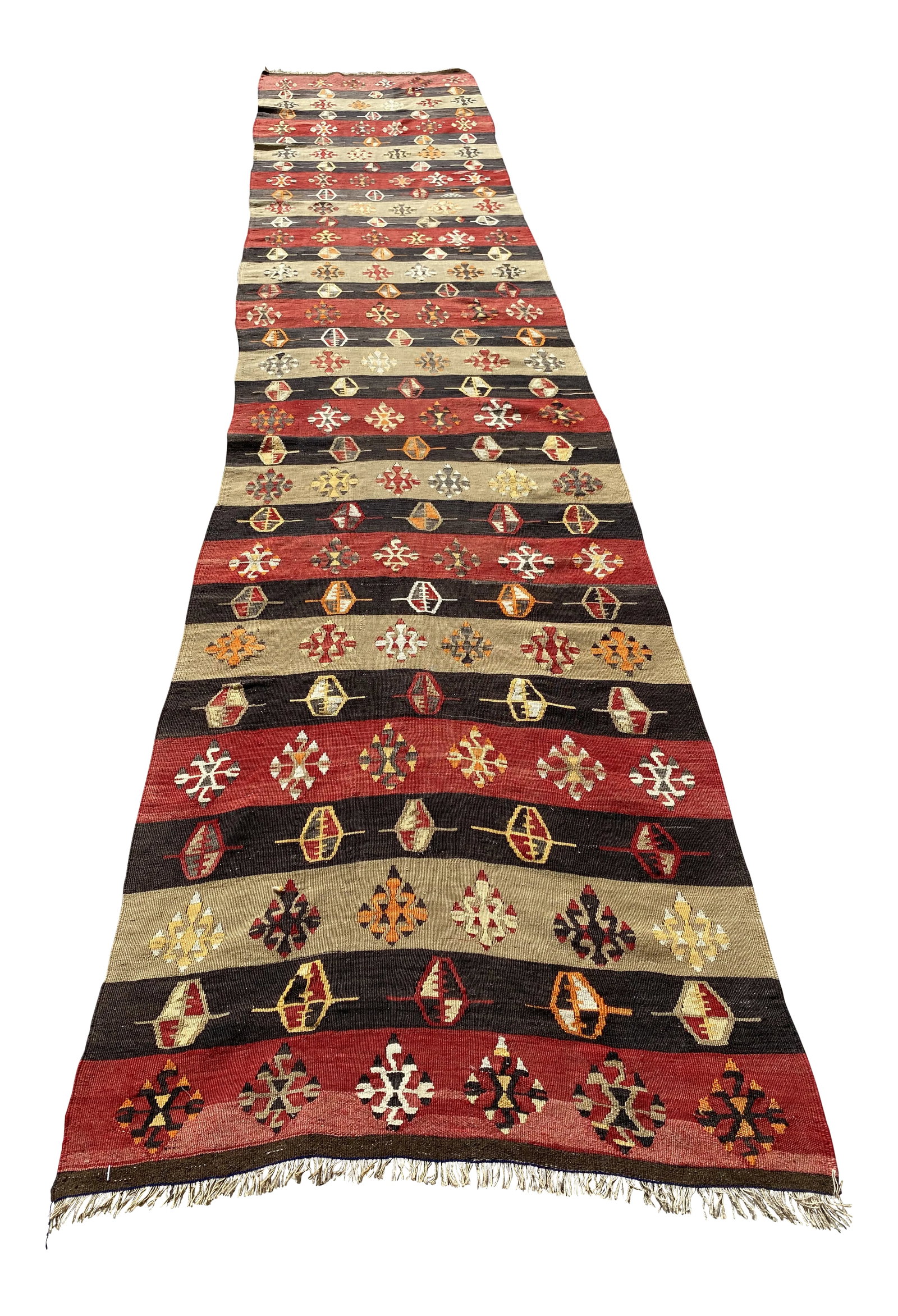 1970s Cabin Style Turkish Stripe Desing Oushak Kilim Long Runner Rug: Size: 3.2 x 15.1 ft (100 x 460 cm ) 39 x 181 inches Color: Black, Red, Tan, White Material: Cotton, Wool All rugs are handwoven by traditional tribes of Anatolia, Turkey. Each and every rug has an