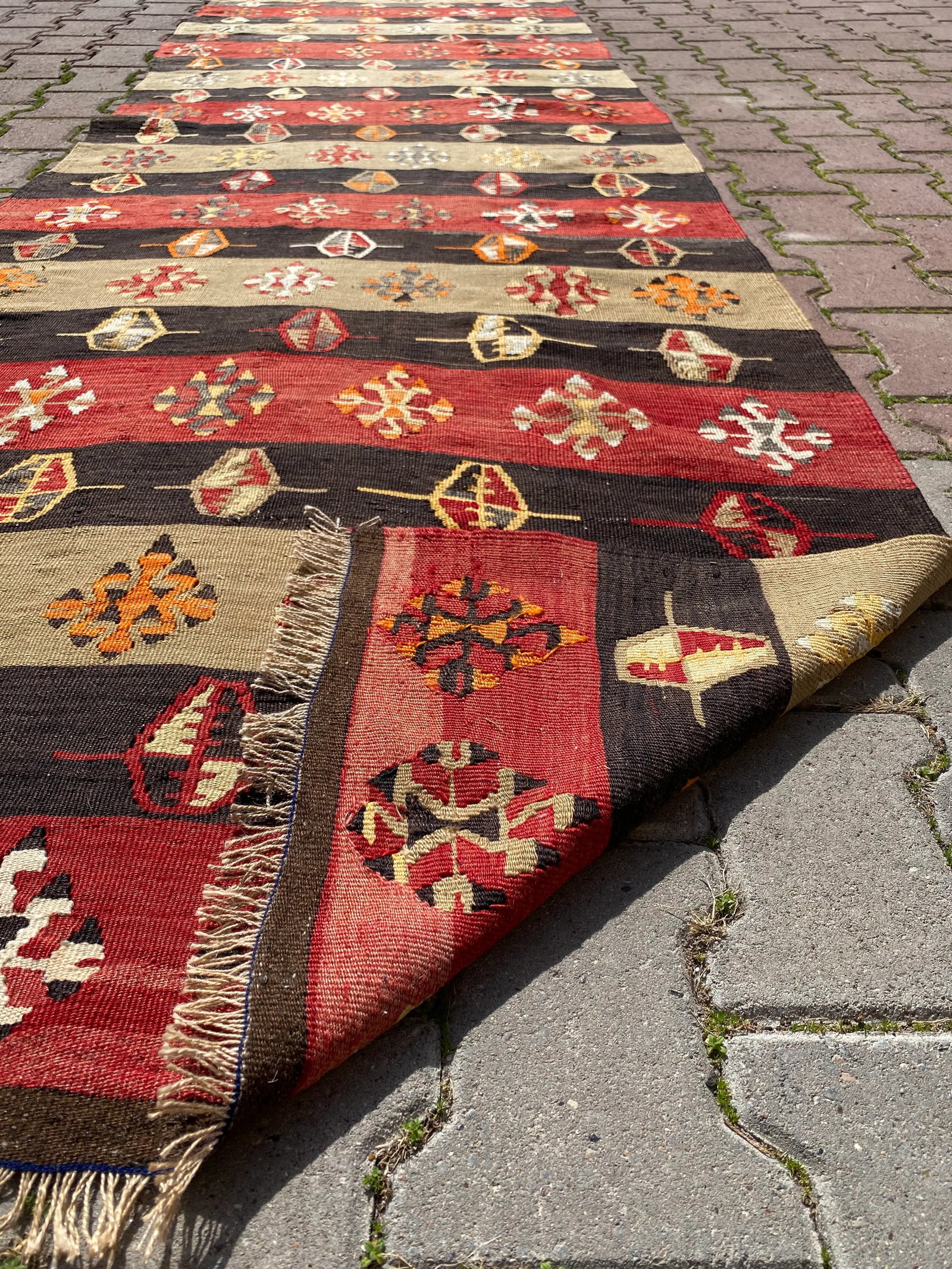 1970s Cabin Style Turkish Stripe Desing Oushak Kilim Long Runner Rug - 6