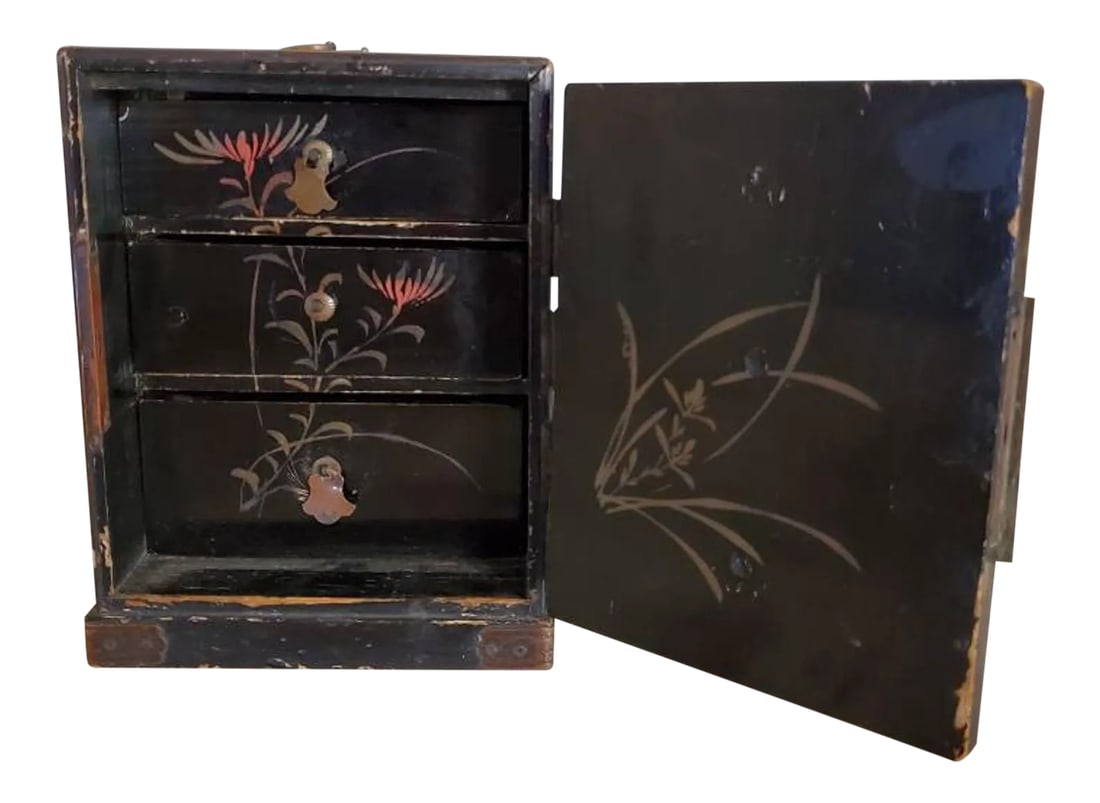Antique Japanese Export Victorian Era Black Lacquered Wooden Jewelry Box Small Tabletop Cabinet With: A most charming and richly decorated authentic antique Japanese lacquered kodansu (tabletop cabinet / jewelry box) with original patina Japan, late Meiji Period (1868-1912) Exquisitely hand-crafted