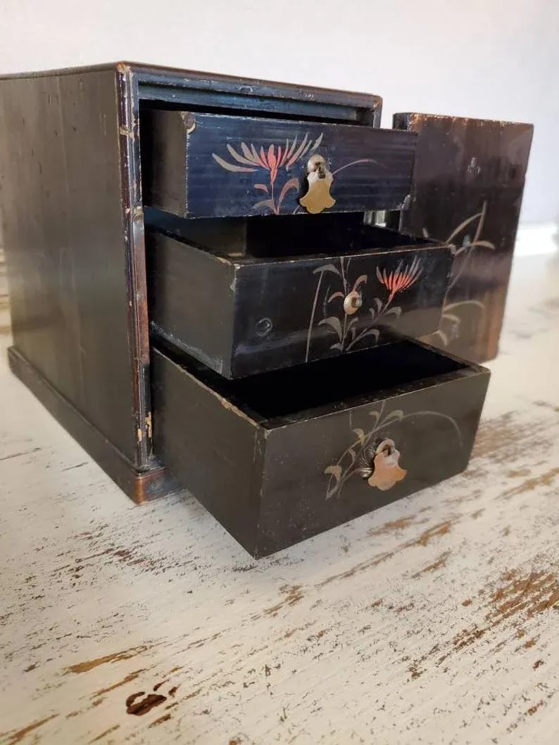 Antique Japanese Export Victorian Era Black Lacquered Wooden Jewelry Box Small Tabletop Cabinet With - 3