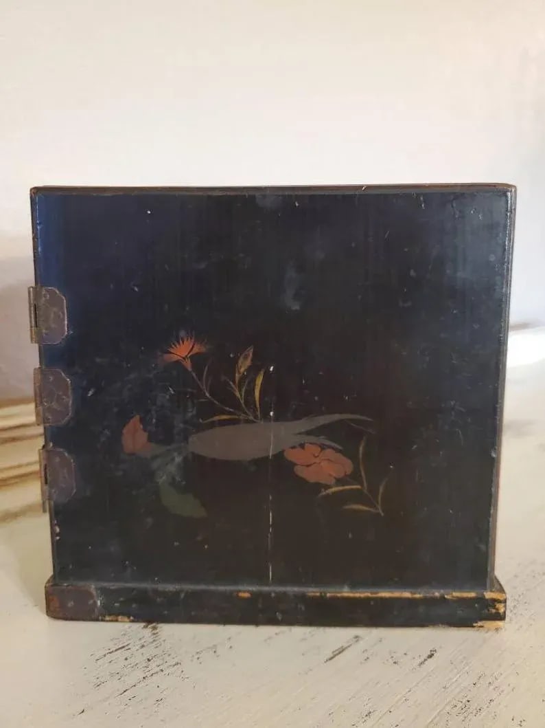 Antique Japanese Export Victorian Era Black Lacquered Wooden Jewelry Box Small Tabletop Cabinet With - 6