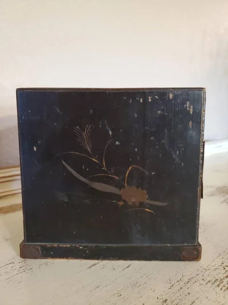 Antique Japanese Export Victorian Era Black Lacquered Wooden Jewelry Box Small Tabletop Cabinet With - 7