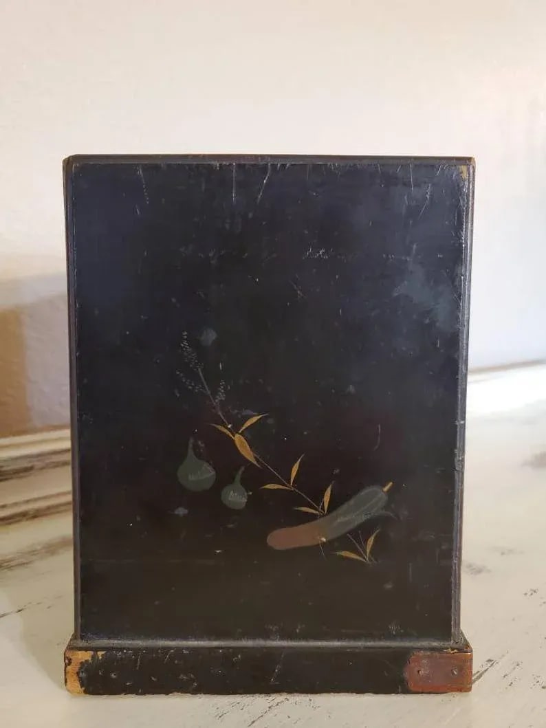 Antique Japanese Export Victorian Era Black Lacquered Wooden Jewelry Box Small Tabletop Cabinet With - 8