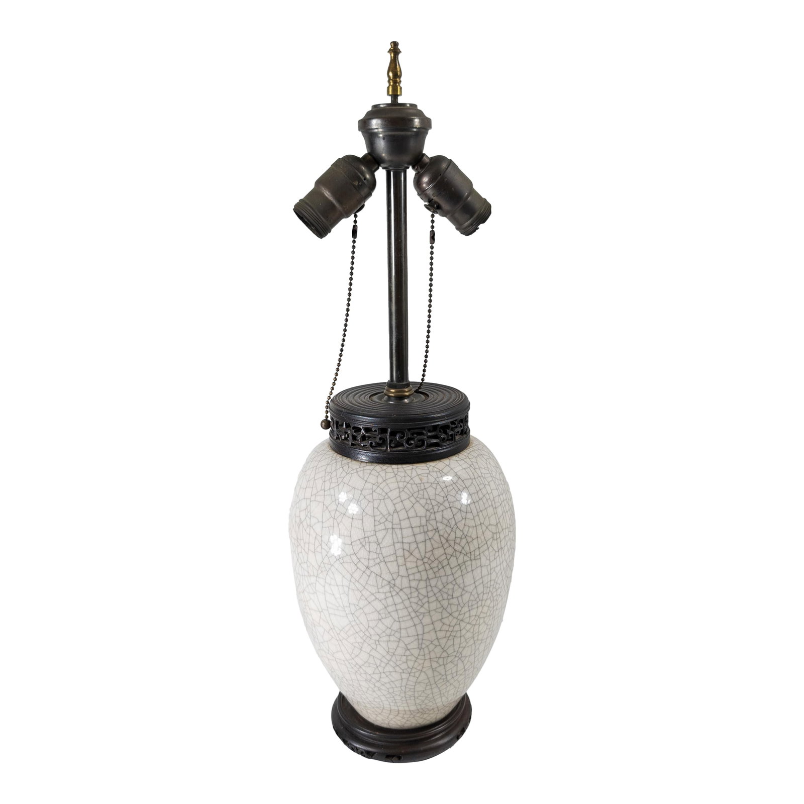 Mid-Century Modern White Crackle Decorative Ge-Yao Type Table Lamp: We are selling this gorgeous Mid-Century style Asian influenced porcelain lamp. This lamp has Chinese Ge-Yao style crackled glaze surface with carved wooden base and cover. One of the burners of the l