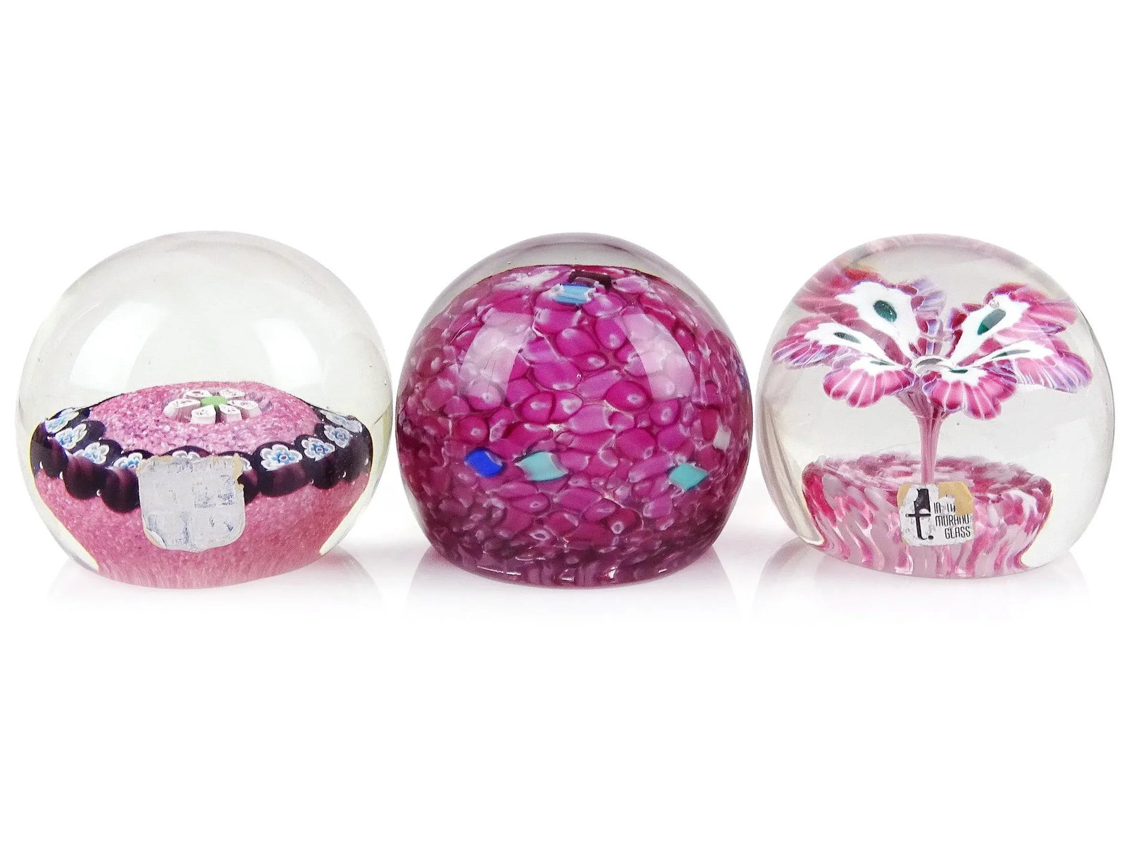 Murano Vintage Fratelli Toso and Barbini Murrine Flowers Italian Art Glass Paperweights - Set of 3 - 2