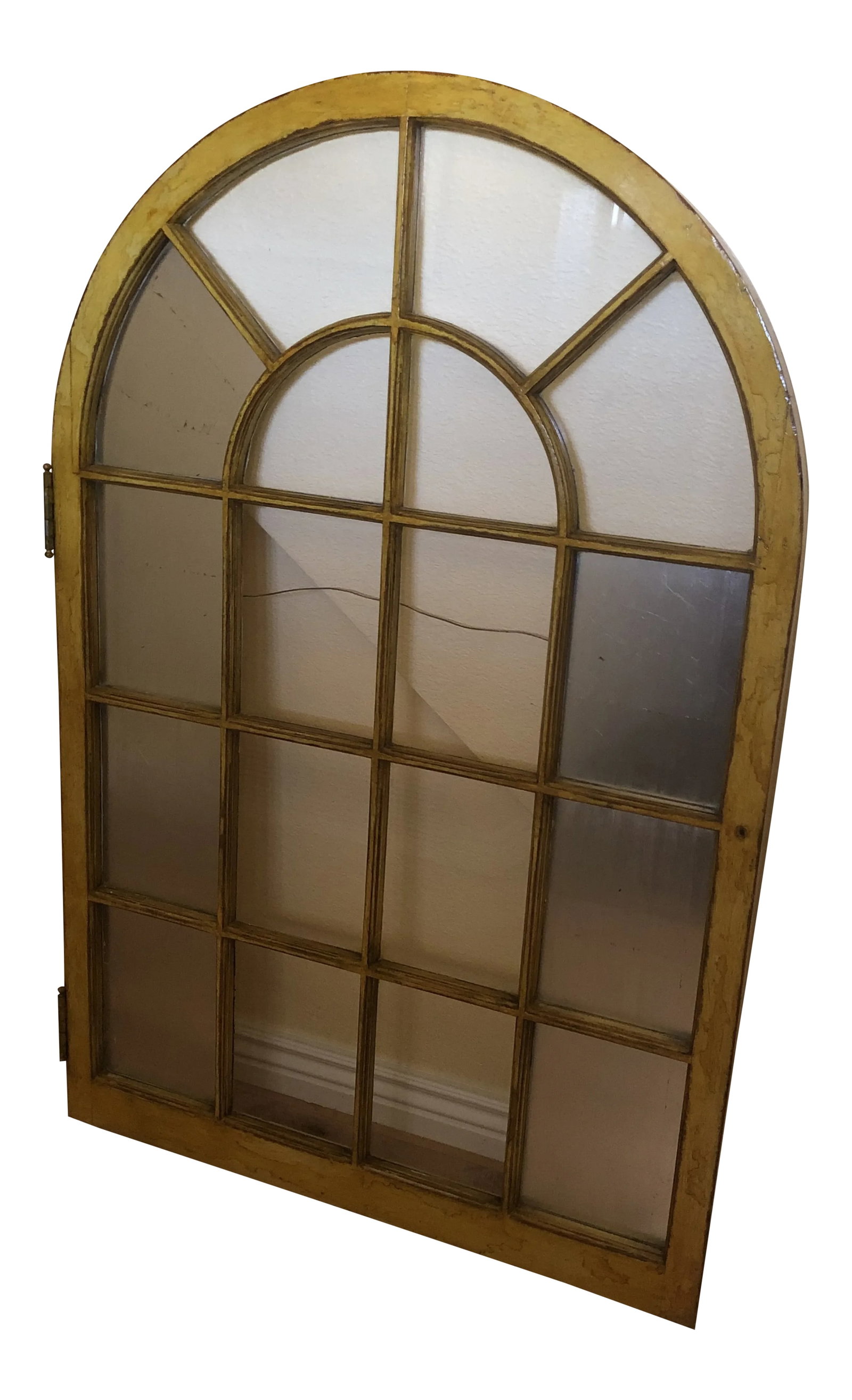 Vintage Corner Cabinet Door Wall Decor Custom Finished in Distressed Yellow Finish: Vintage Corner Cabinet Door - wall decor, custom finished in distressed yellow finish, 7 glass sections finished with silver metal leaf Great Condition. Dimensions W 30" x D 1.12" x H 45" Condition: