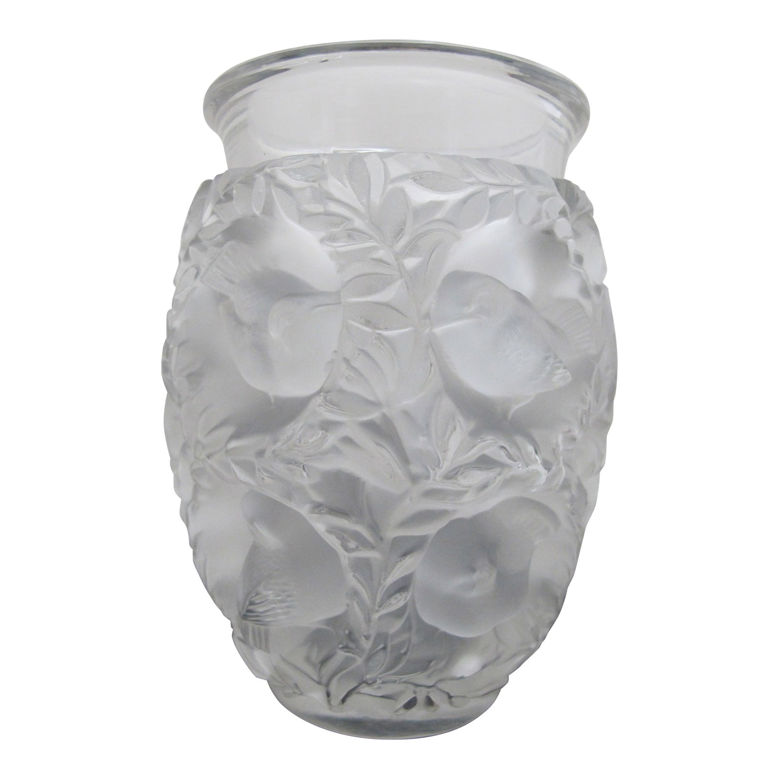 Lalique France Frosted Crystal Bagatelle Sparrow Bird Leaves Art 6 3/4" Vase: Gorgeous Lalique France art crystal 'Bagatelle' vase. Frosted crystal glass showing ornate sparrows and foliage design. Measures 6 3/4" tall x 4 1/2". In excellent condition, no chips, scratches, or