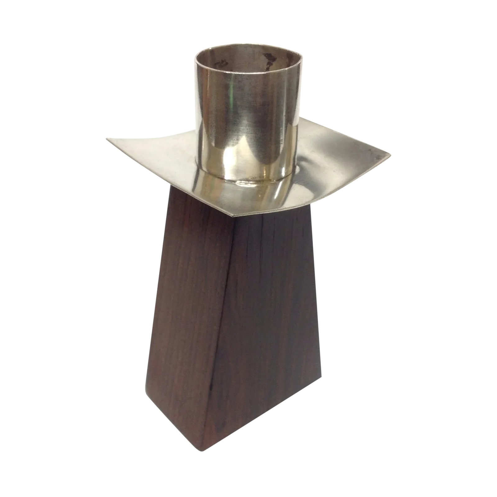 William Spratling Rosewood & Sterling Candlestick: William Spratling rosewood & sterling candlestick. One rough silver edge, mark is a partial early (pre .925) mark but is decipherable. This item includes restricted materials and can not be sold