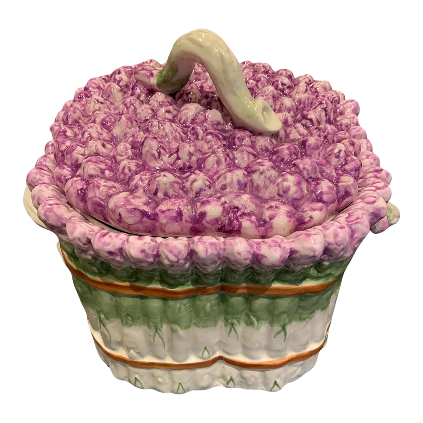 Vintage Majolica Ceramic Trompe l'Oeil Lidded Asparagus Tureen: Beautiful, vintage Majolica ceramic Trompe l'Oeil lidded asparagus tureen. Each of the 3 handles is shaped as a single piece of asparagus. Bright colors of purple, green cream white and brown.