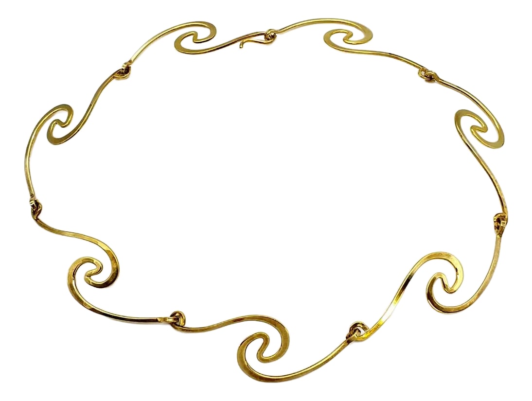 Spiral Gold Neck Piece, Modernist Gerhard Herbst Studio Linking Collar, Vintage: Spiral Neck piece is hand constructed from seven individually hand forged Silver components which are then Gold plated. This piece has been in our storage vaults since its initial production in the