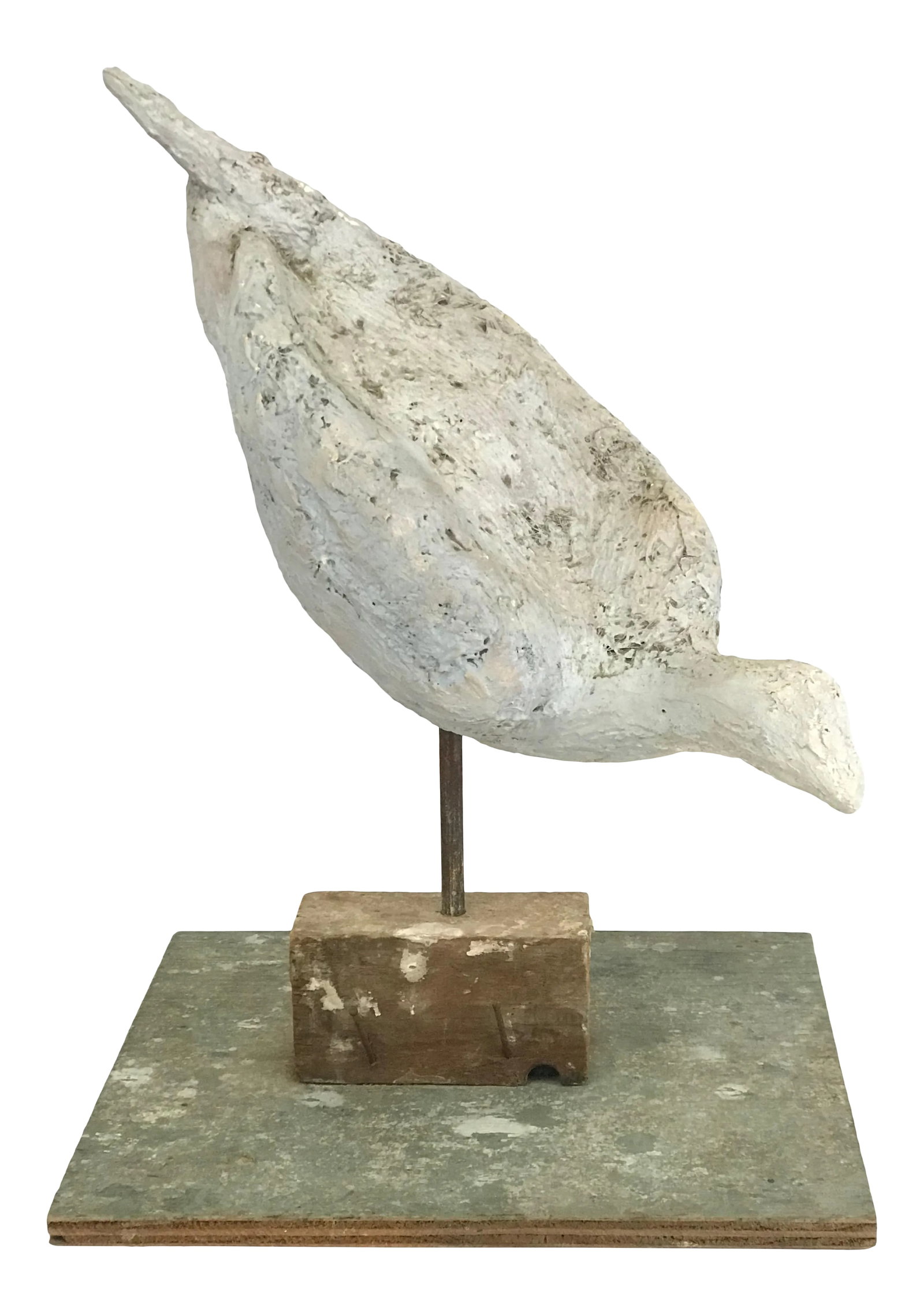 Late 20th Century Painted Fiberglass Bird Sculpture on Stand: Whimsical sculpture of a curios bird on simple painted wood stand. Painted fiberglass bird on metal post with wood base. Bird can pivot on rod and is removable. Unsigned, last quarter of the 20th