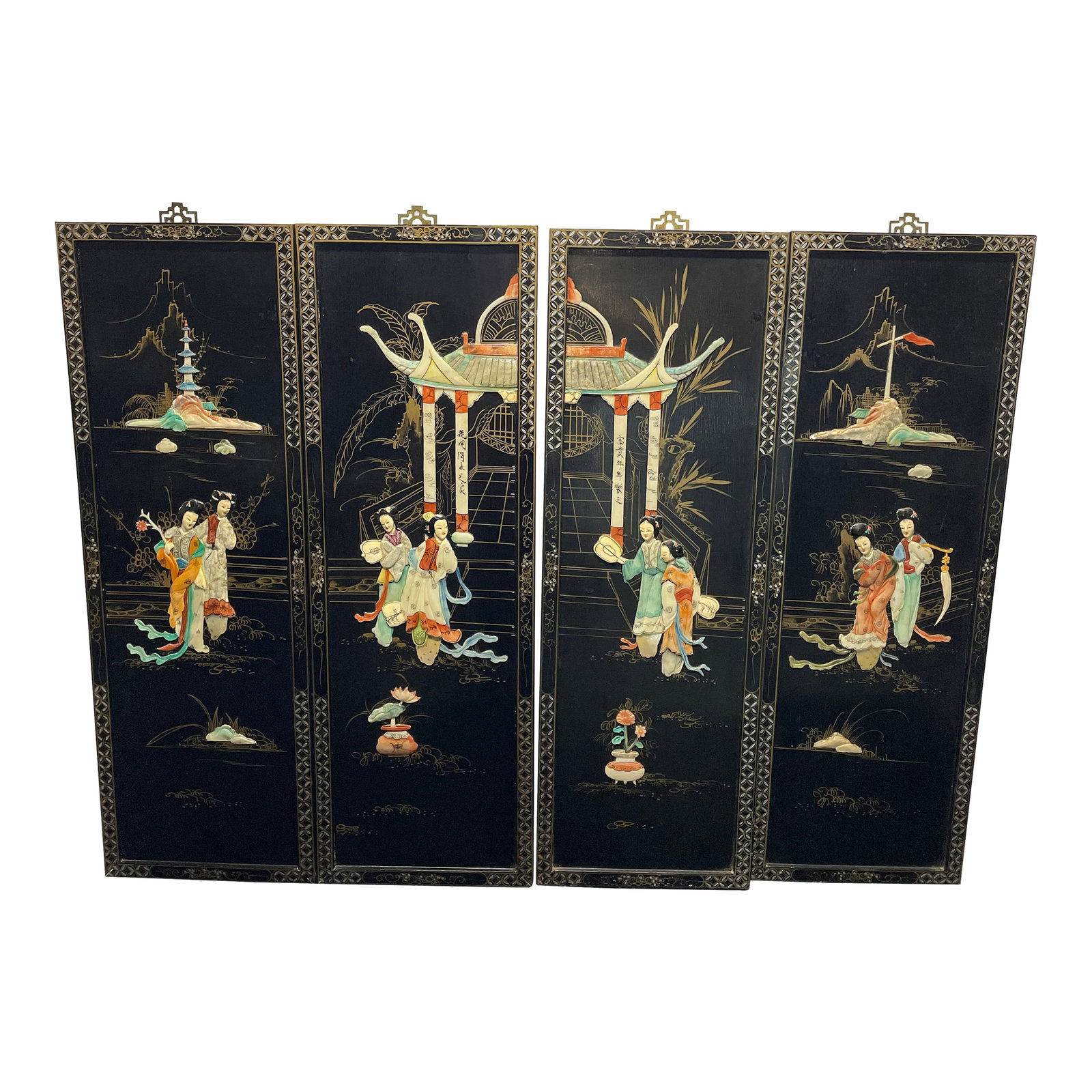 1960s Chinese 4 Panel Wall Hanging: This set of Four sculptural panels feature Courtesans In a Garden. The hand painted panels feature the figures and details in soapstone and jade. The backs are wired for hanging in addition to the