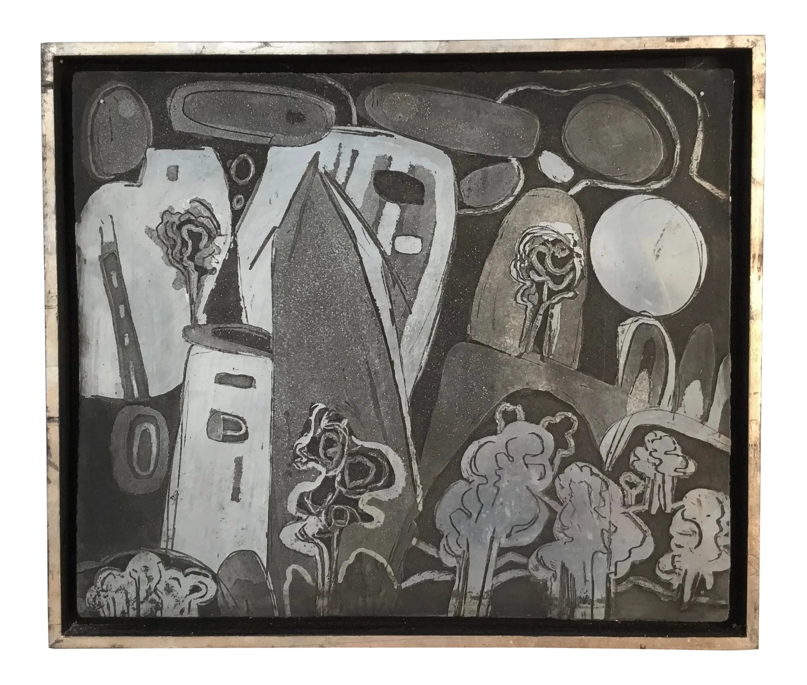 "abstract Landscape " Printing Plate Mounted in Custom Frame: Acid etched metal printing plate custom mount in silver leaf floating wooden frame. Very edgy and modern looking wall art . Some parts are mirror -like polished , some matte. Look different from every