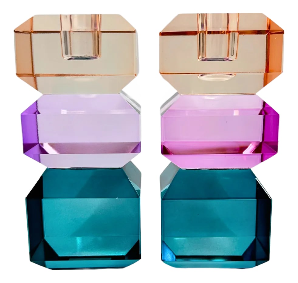 Danish Faceted Crystal Candle Holders, Blue Pink & Orange - a Pair: Beautiful Danish Faceted Crystal Taper Candle Holder Pair in blue, pink & orange. These make a lovely addition to your mantle, dining table or coffee table. Candles not included. Condition: