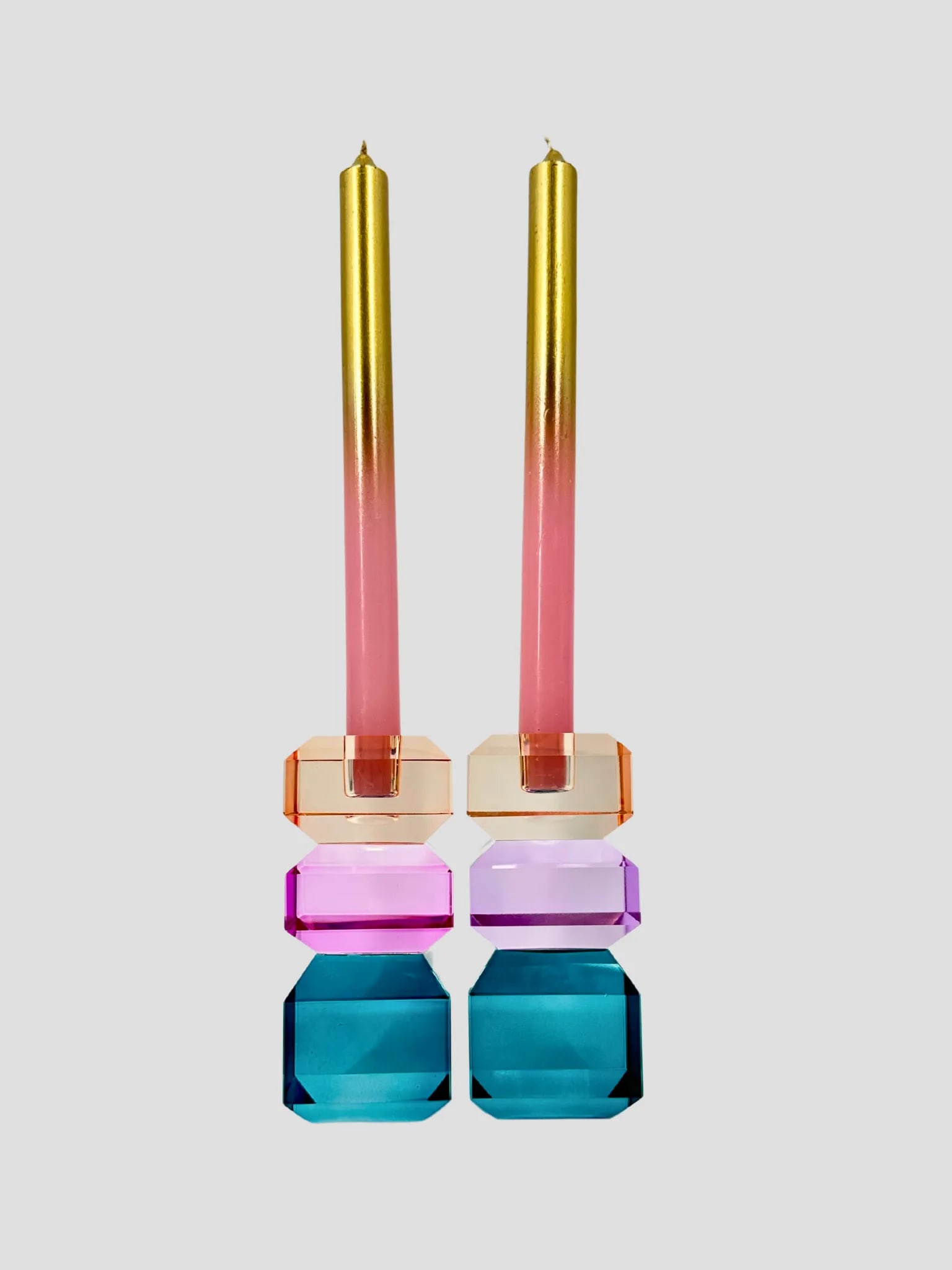 Danish Faceted Crystal Candle Holders, Blue Pink & Orange - a Pair - 2
