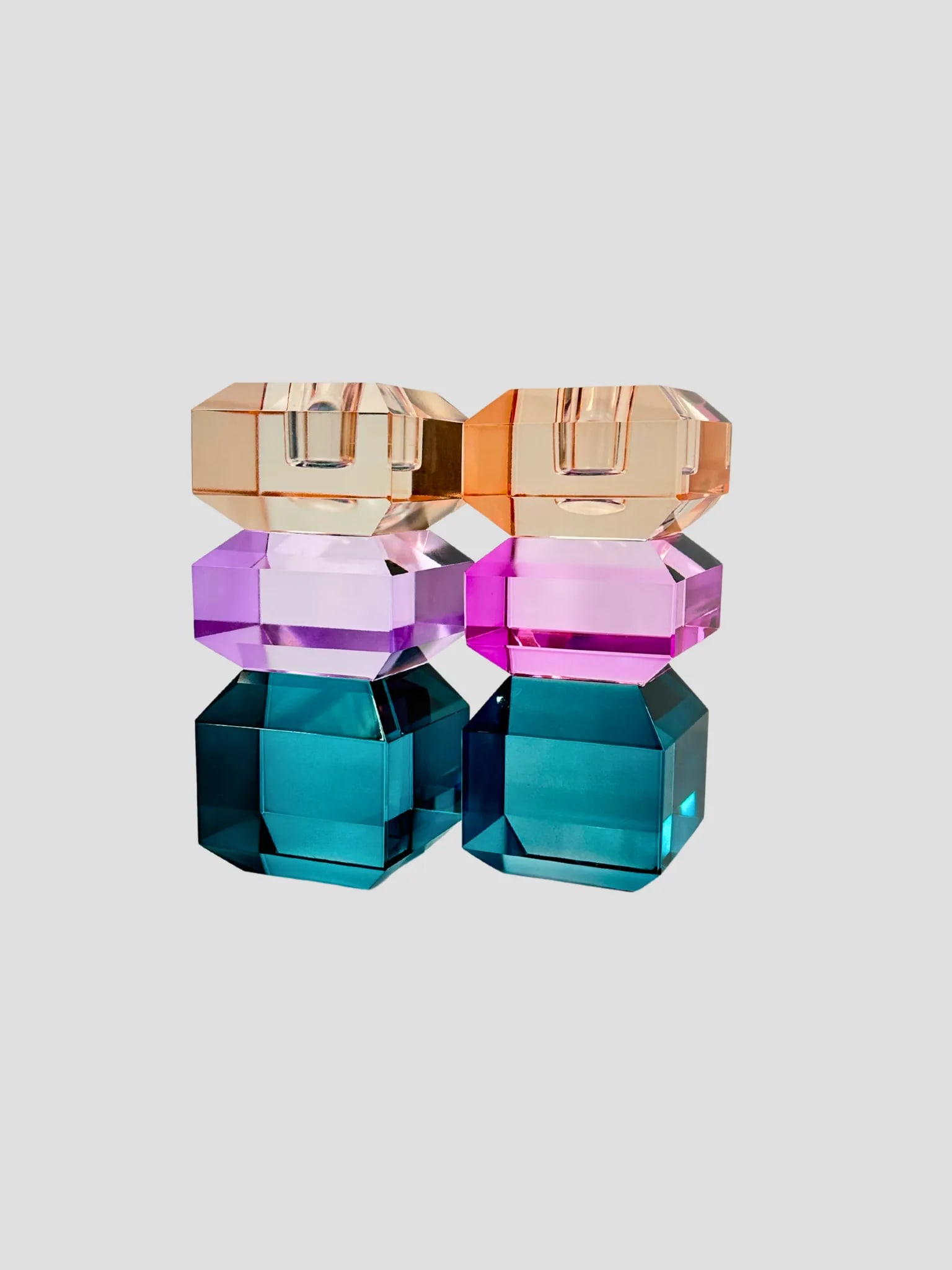 Danish Faceted Crystal Candle Holders, Blue Pink & Orange - a Pair - 3