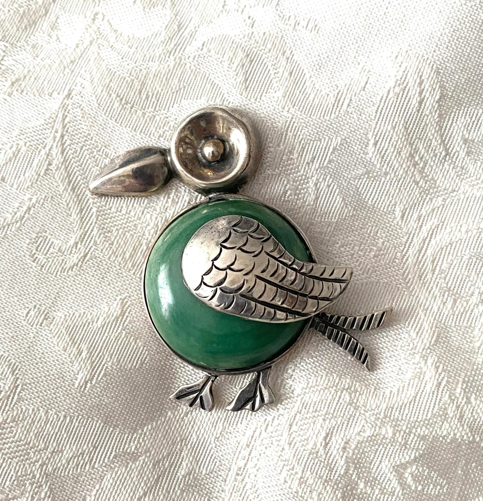 1960s Vintage Taxco Mexico Silver Toucan Brooch Green Stone - 2