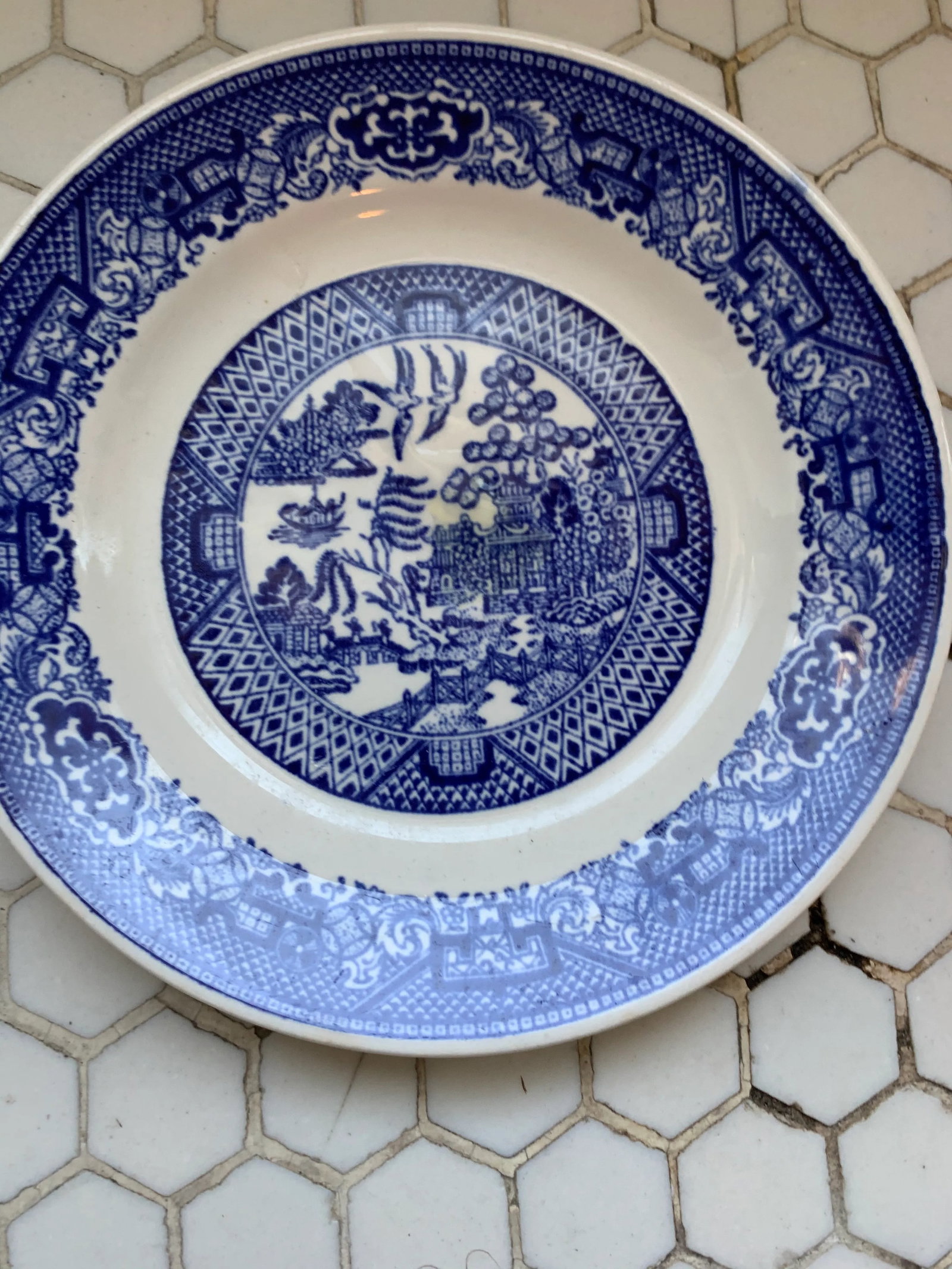 Porcelain Blue & White Blue Willow Plates, Pair - 12