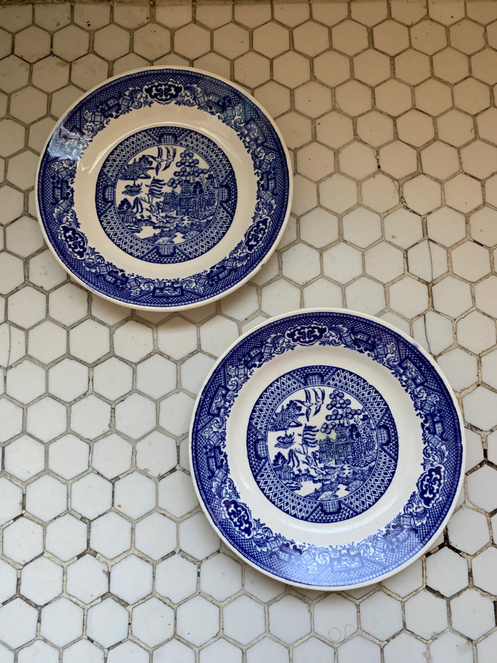 Porcelain Blue & White Blue Willow Plates, Pair - 13