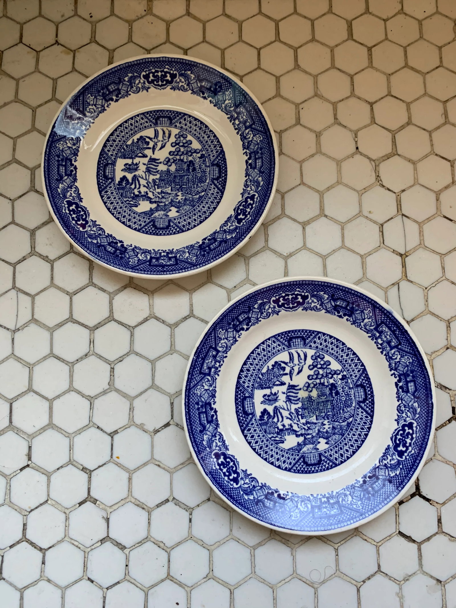 Porcelain Blue & White Blue Willow Plates, Pair - 2
