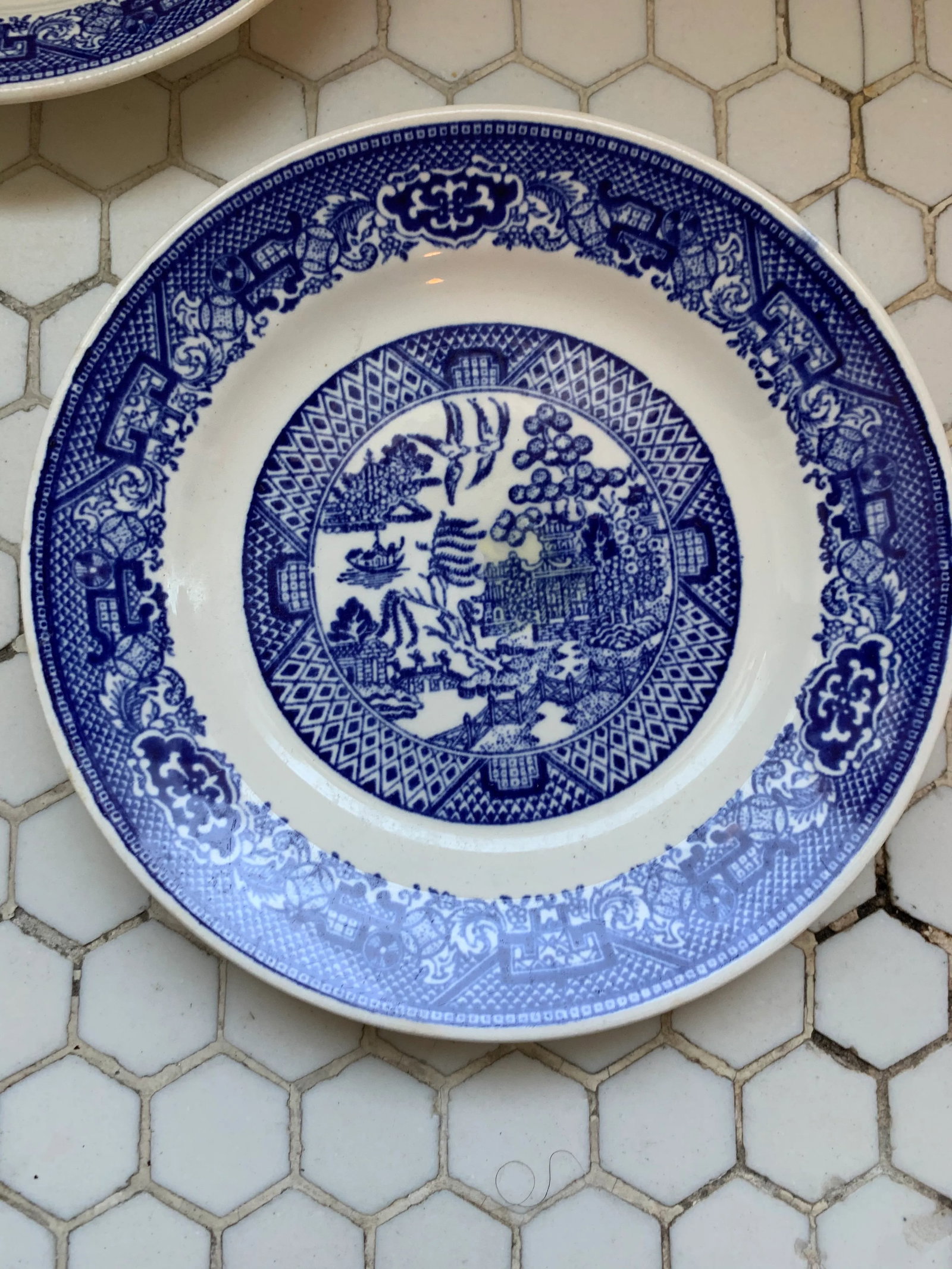 Porcelain Blue & White Blue Willow Plates, Pair - 4