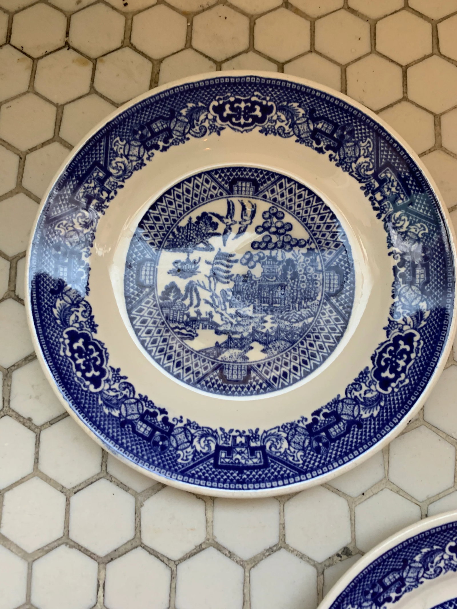 Porcelain Blue & White Blue Willow Plates, Pair - 6
