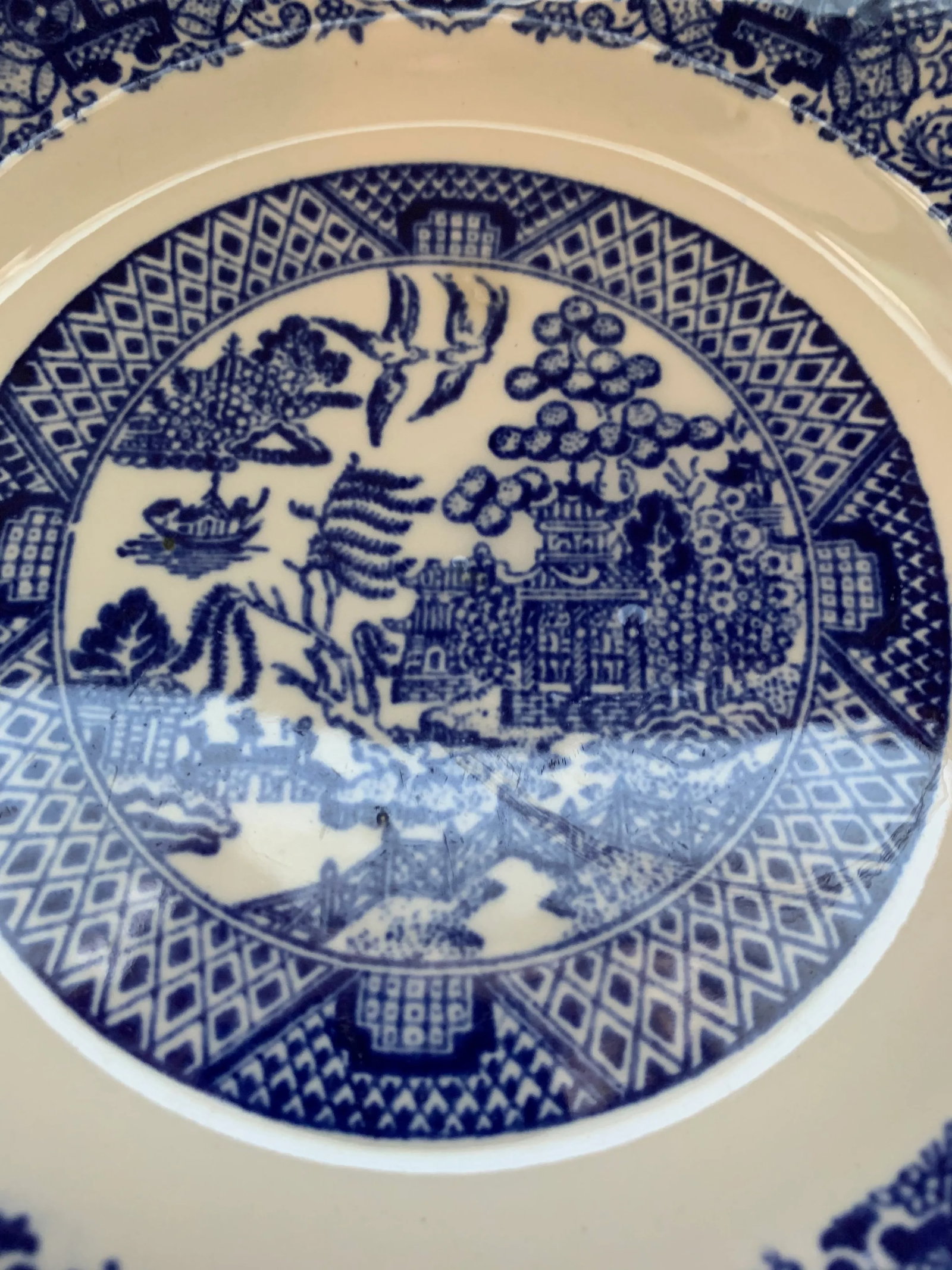 Porcelain Blue & White Blue Willow Plates, Pair - 8