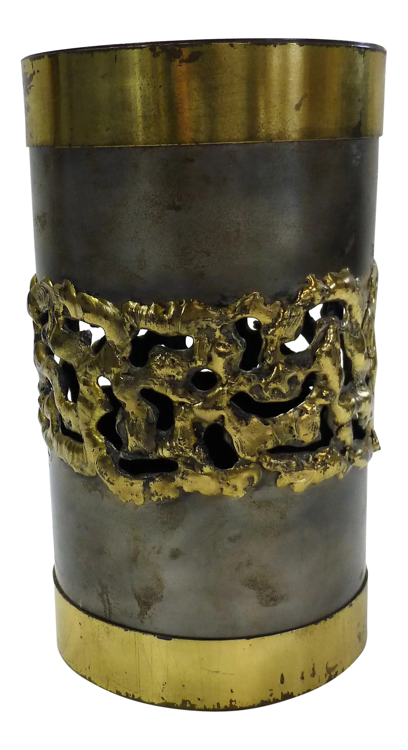 Vintage Brutalist Wine Bottle Holder: Vintage Brutalist wine bottle holder. Signed on the bottom and vintage paper label from "Burien Arts Gallery" over the signature. Quite heavy and looks well made. Measures 8" tall by 4.5" across. The