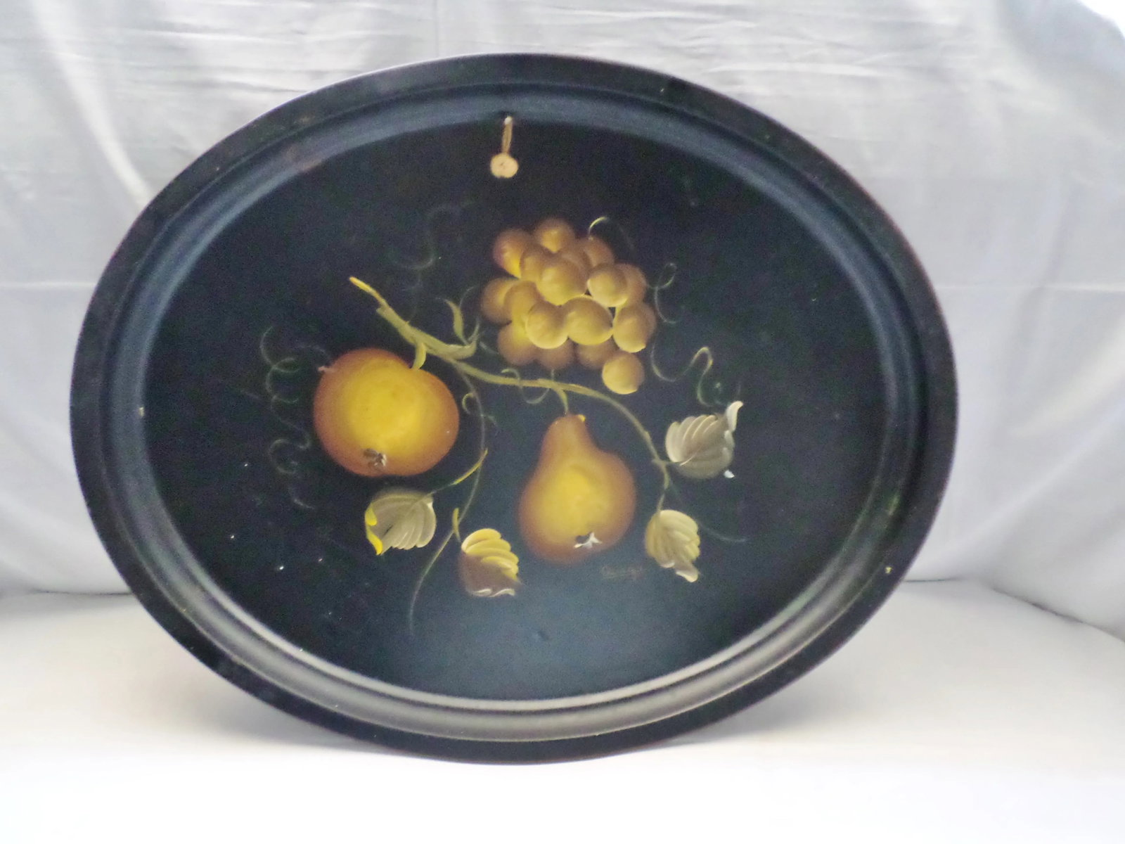 Antique Gold Apple & Pear Artist Signed Metal Tole Tray - 12