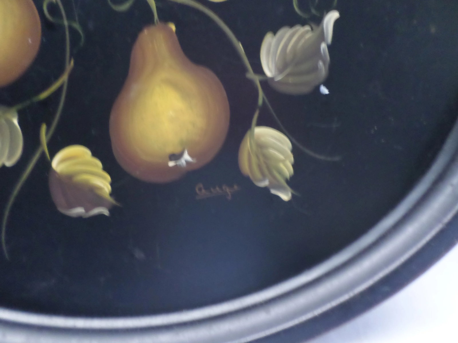 Antique Gold Apple & Pear Artist Signed Metal Tole Tray - 4