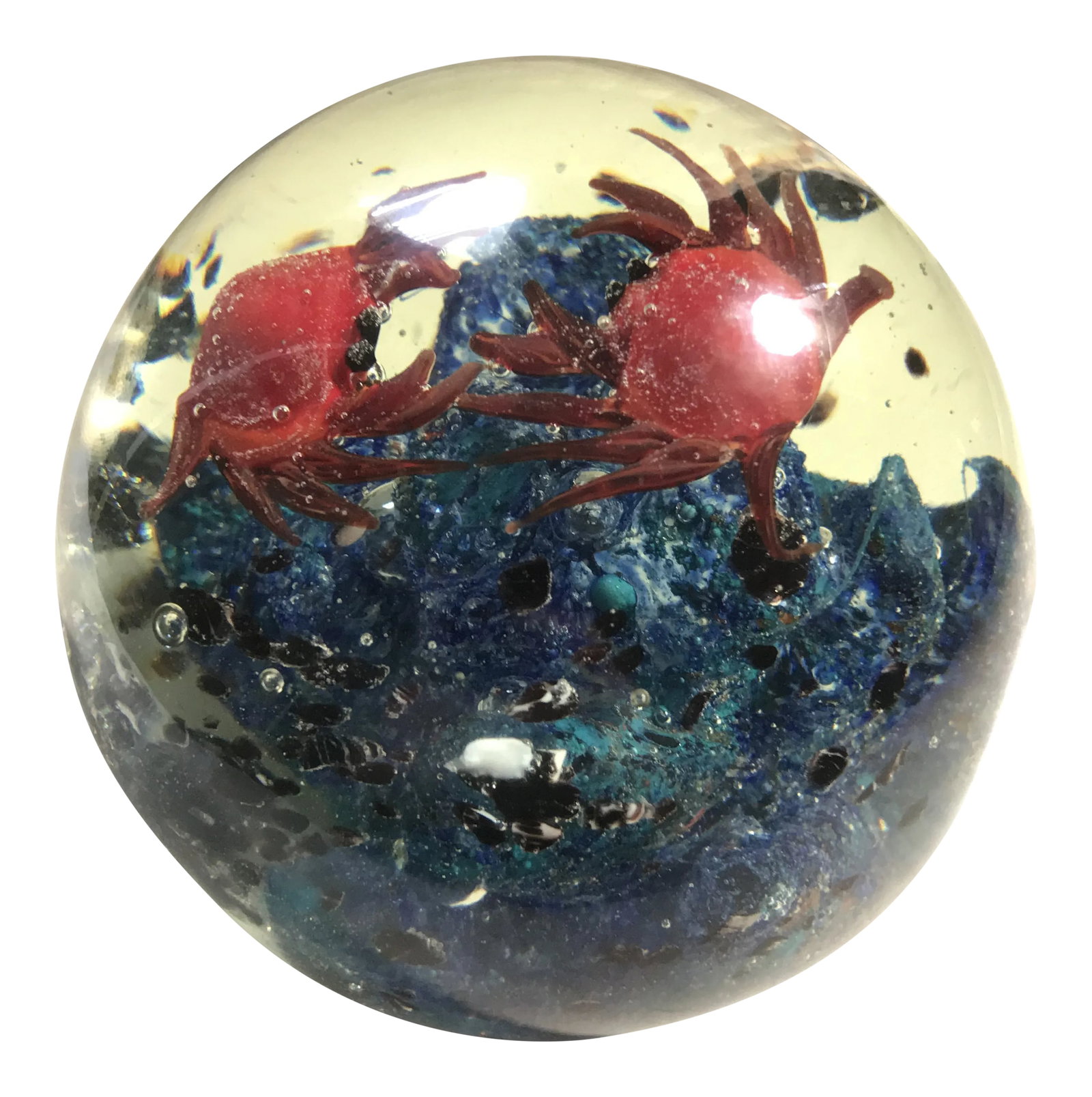 Vintage Crab Scene Murano Glass Paperweight: This flawless and fun Large 4.5" Vintage Murano scene with 2 Crabs having fun on some coral is a great piece for anyone's collection. Deep sea blue and highlighted by the red crabs is distinct and