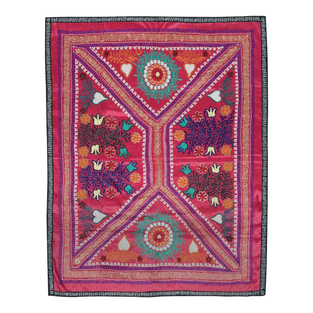 4.3x5.5 Ft Embroidered Silk & Cotton Wall Hanging. Red Bed Cover. Modern Throw: Introducing our exquisite new suzani hand embroidered wall hanging, a captivating piece that combines ancient craftsmanship with modern artistry. This embroidered cloth is not just a suzani throw,