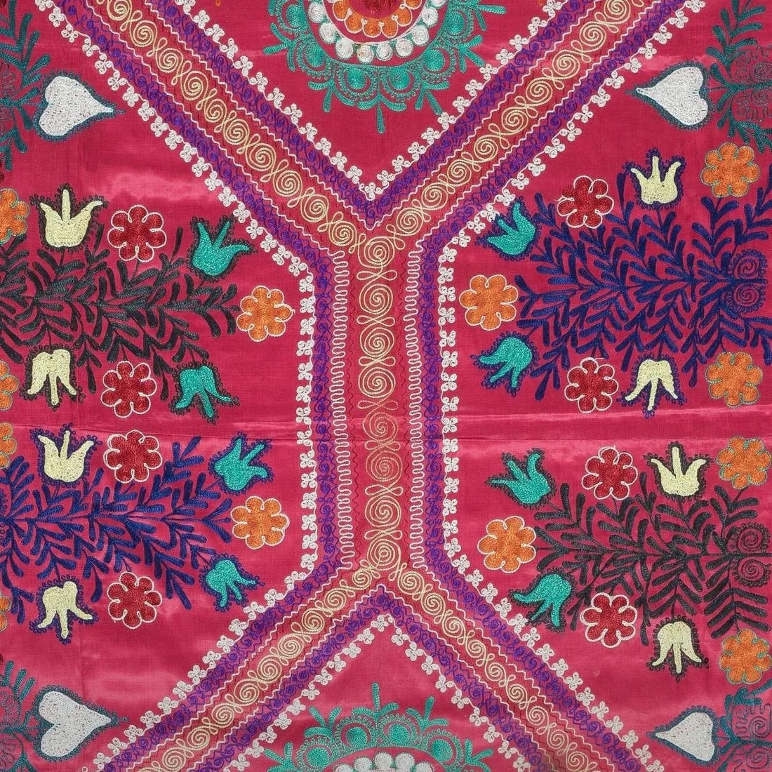 4.3x5.5 Ft Embroidered Silk & Cotton Wall Hanging. Red Bed Cover. Modern Throw - 5