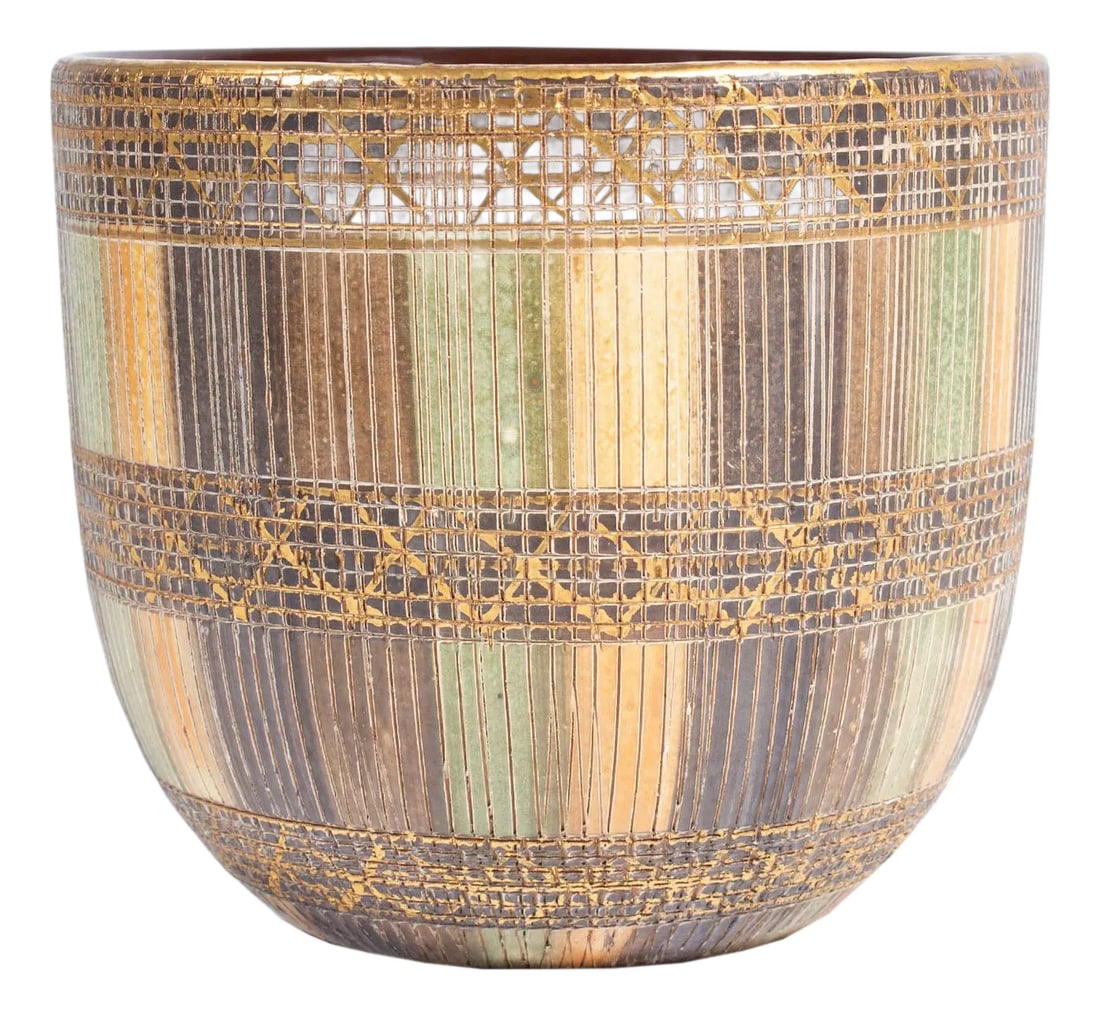 Bitossi Seta Italian Ceramic Planter Pot: A vintage Seta planter pot produced by Bitossi. Made in Italy, this ceramic pot features incised vertical and cross-hatched lines over a pattern of green, yellow, brown, and purple rectangles and gold