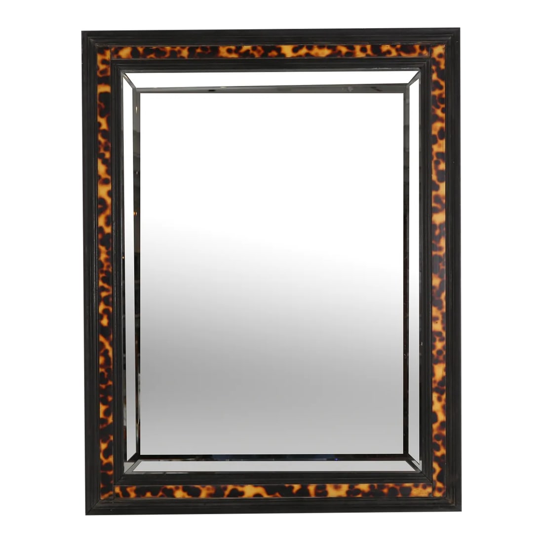 Vintage Faux Tortoiseshell and Ebony Wall Mirror: Elegant faux tortoise and ebonized wood Rectangular wall mirror with deep beveled glass. circa 1960's. with wiring for hanging. High quality and style ! dimensions :28" h x 21.75" w x 2" d Provenance