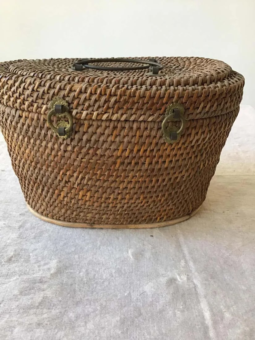 1920s Chinese Wicker and Brass Lunch Basket - 2