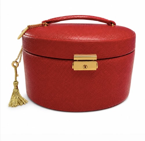Vintage Wolf Leather Jewelry Box, Pebbled Red, Brand New - Never Used, Lock & Key, Mirror - 2