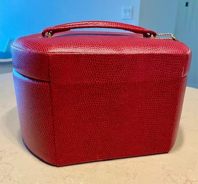 Vintage Wolf Leather Jewelry Box, Pebbled Red, Brand New - Never Used, Lock & Key, Mirror - 4
