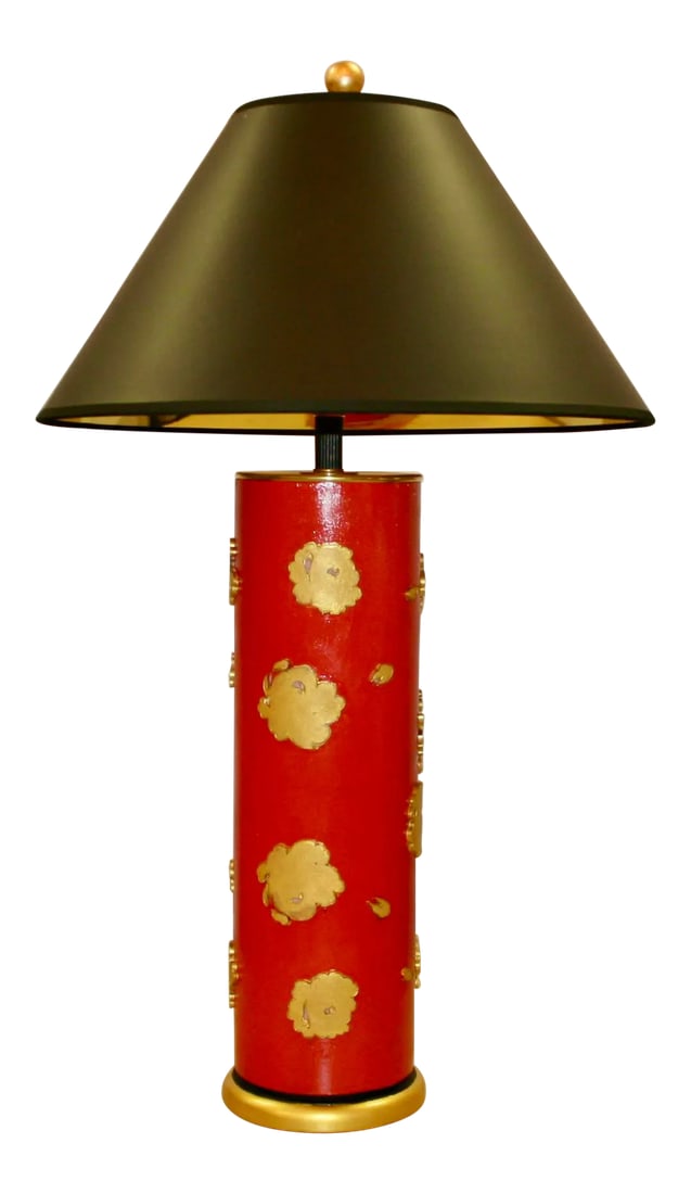 Bold Vintage Wallpaper-Roller Task & Table Lamp: Eye catching, large roller in a bold tango tomato (red orange) masculine but soft to the eye. The gold raised motif in different shapes and size lends character and interest to the lamp. The lamp stan