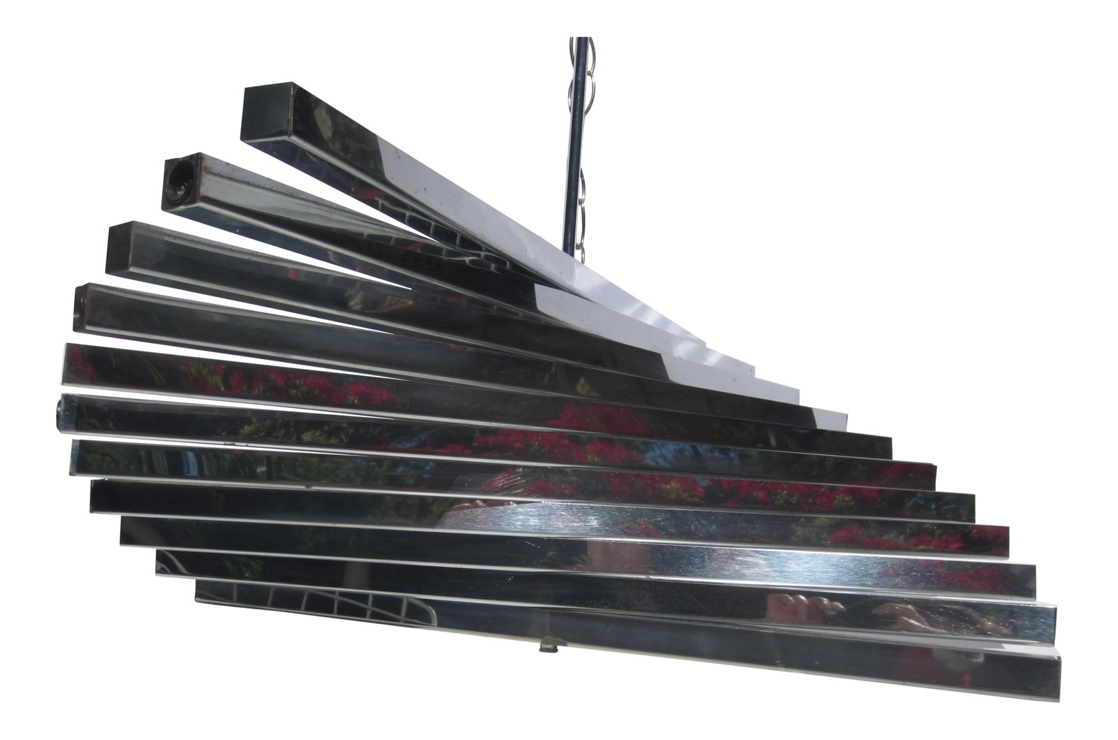 1970s Gaetano Sciolari Chrome Spiral 10 Light Chandelier: Gaetano Scolari chrome spiral chandelier is comprised of 11 stacked square form horizontal rods on a central axis. Consists of 5 lights on each side so a total of 10 light 60 watts. Has a 26.5 chrome