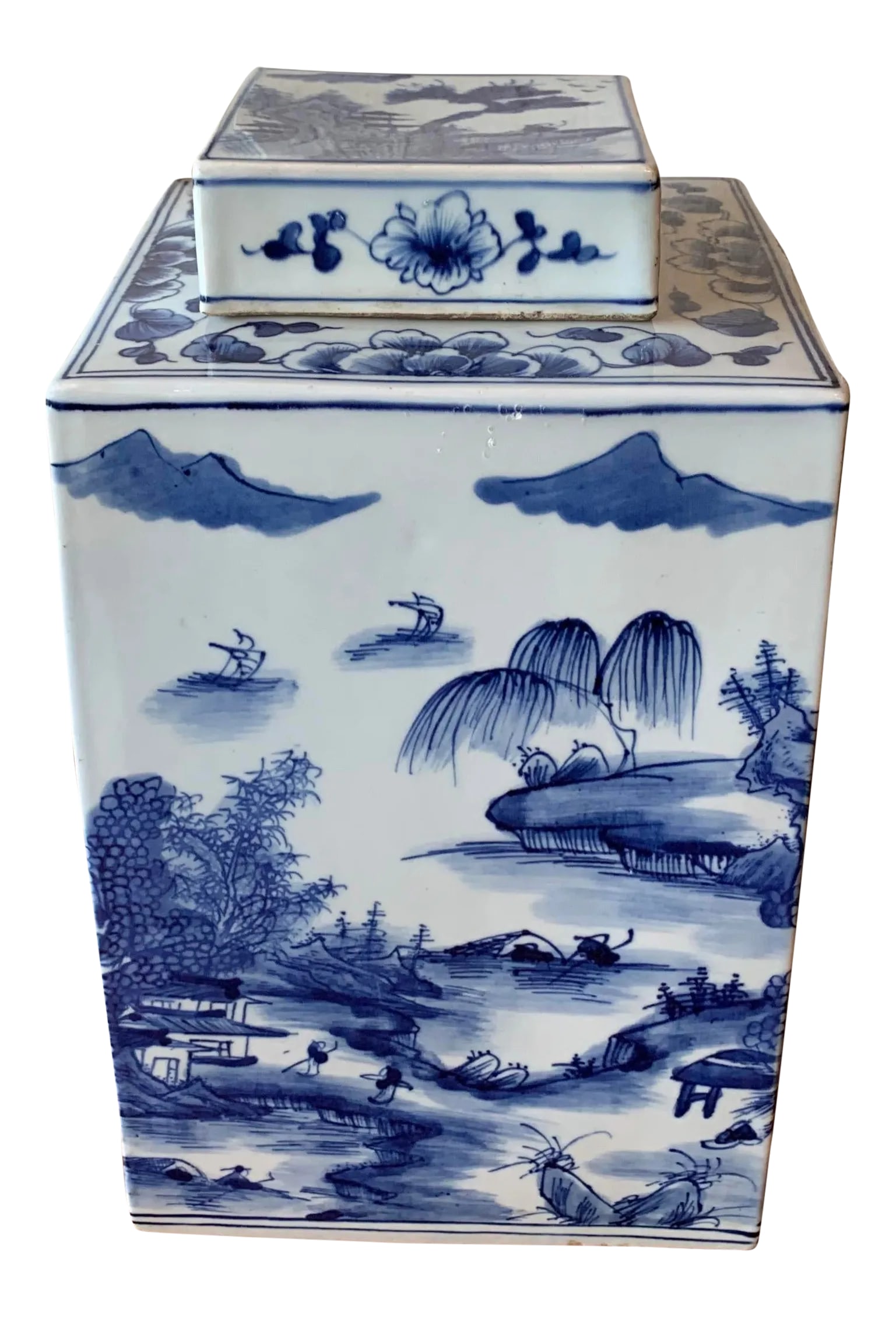 Chinese Blue and White Porcelain Jar With Lid: Large porcelain rice storage vessel. Signed. Stark rectilinear shape with fitted lid. Scenes from river to mountains with cricket (good luck) and fishermen. Condition: Alterations: Original Condition 